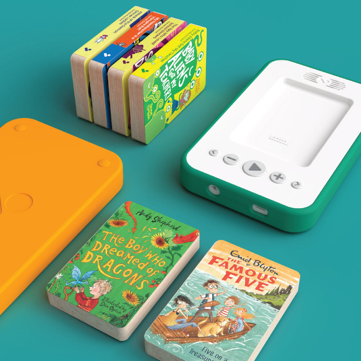 Voxblock player with a green bumper and a spare orange bumper, with audiobooks including The Boy Who Dreamed of Dragons and Famous Five