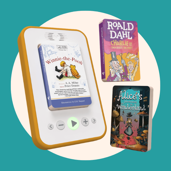 Voxblock player with an orange bumper playing Winnie-the-Pooh, with Charlie and the Chocolate Factory and Alice's Adventures in Wonderland