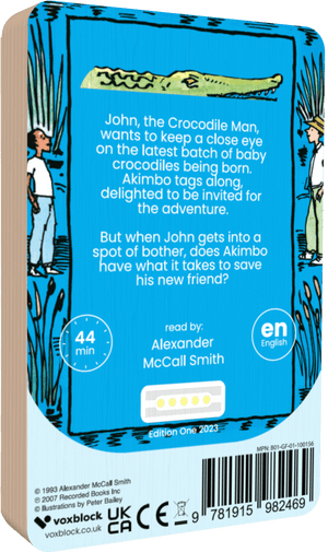 Akimbo And The Crocodile audiobook back cover.