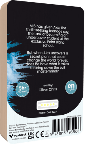 Alex Rider Point Blanc audiobook back cover.