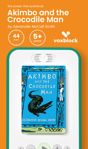 Akimbo and the Crocodile Man audiobook in a Voxblock player, with running time and age guidance
