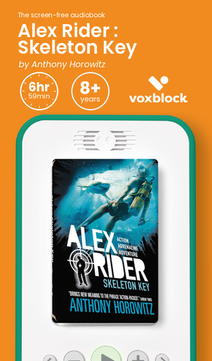 Alex Rider : Skeleton Key audiobook in a Voxblock player, with running time and age guidance