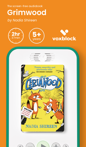 Grimwood audiobook in a Voxblock player, with running time and age guidance