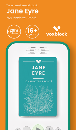 Jane Eyre audiobook in a Voxblock player, with running time and age guidance
