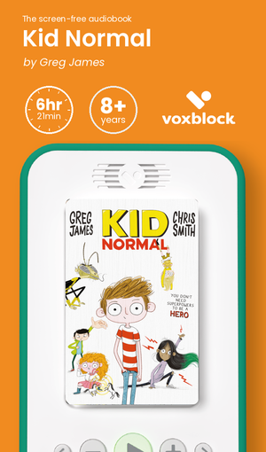Kid Normal audiobook in a Voxblock player, with running time and age guidance