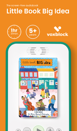Little Book Big Idea audiobook in a Voxblock player, with running time and age guidance