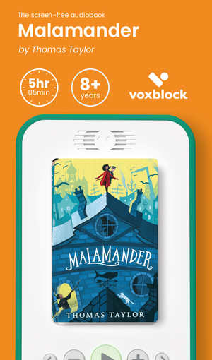 Malamander audiobook in a Voxblock player, with running time and age guidance