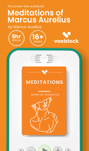 Meditations of Marcus Aurelius audiobook in a Voxblock player, with running time and age guidance