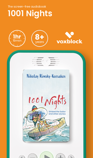 1001 Nights audiobook in a Voxblock player, with running time and age guidance
