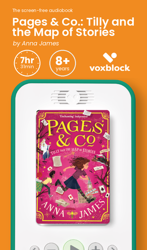 Pages & Co.: Tilly and the Map of Stories audiobook in a Voxblock player, with running time and age guidance