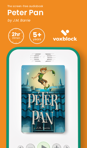 Peter Pan audiobook in a Voxblock player, with running time and age guidance