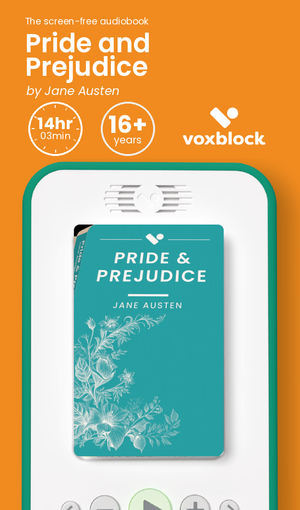 Pride and Prejudice audiobook in a Voxblock player, with running time and age guidance