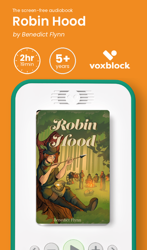 Robin Hood audiobook in a Voxblock player, with running time and age guidance