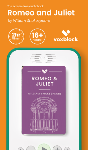 Romeo and Juliet audiobook in a Voxblock player, with running time and age guidance