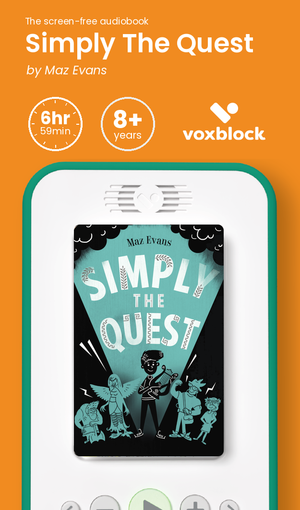Simply The Quest audiobook in a Voxblock player, with running time and age guidance