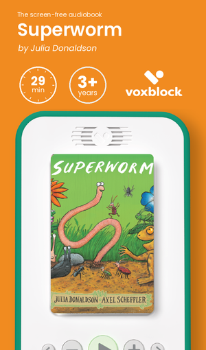 Superworm audiobook in a Voxblock player, with running time and age guidance