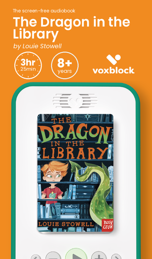 The Dragon in the Library audiobook in a Voxblock player, with running time and age guidance