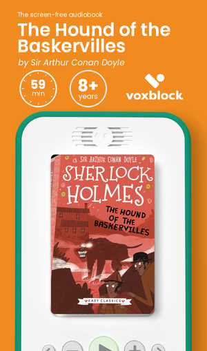 The Hound of the Baskervilles audiobook in a Voxblock player, with running time and age guidance
