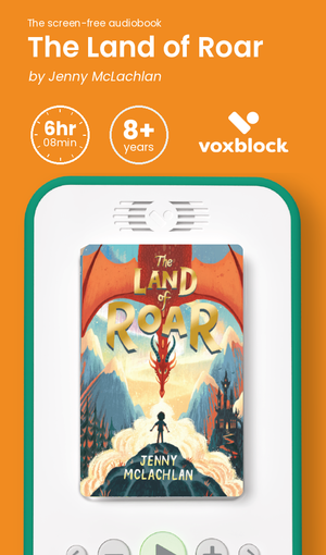 The Land of Roar audiobook in a Voxblock player, with running time and age guidance