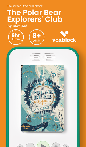 The Polar Bear Explorers' Club audiobook in a Voxblock player, with running time and age guidance