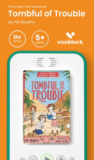 Tombful of Trouble audiobook in a Voxblock player, with running time and age guidance