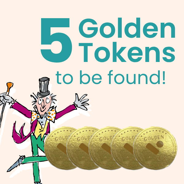 Promotional graphic with the text '5 Golden Tokens to be found!' in teal on a light beige background, alongside a cartoon magician and five illustrated gold tokens.