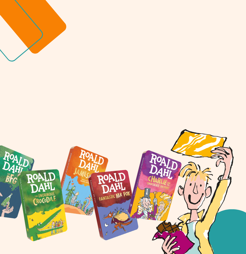 A row of Roald Dahl children's book covers fanned out on a light beige background, with a cartoon illustration of a blond boy (charlie buckett) holding a chocolate bar and a golden ticket in the upper right.