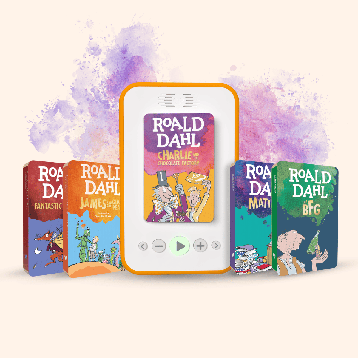 A Voxblock audiobook player with orange bumper displaying 'Roald Dahl Charlie and the Chocolate Factory', surrounded by five colorful Roald Dahl book covers on a light beige background with purple watercolor splashes.