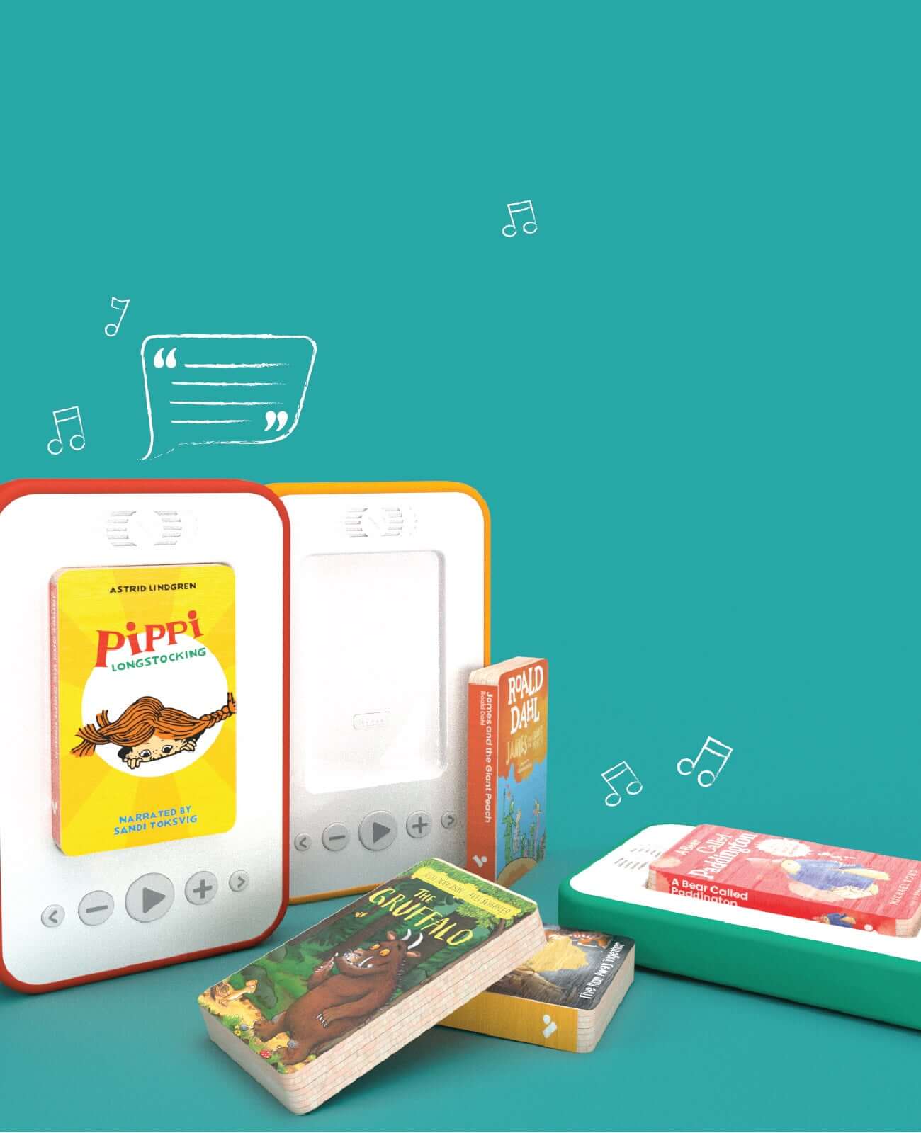 collection of Voxblock screen-free audiobook players and audiobooks with annotated speech bubbles to indicate audio coming from the player