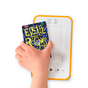 A hand holding the audiobook card for Escape the Rooms beside a Voxblock audiobook player