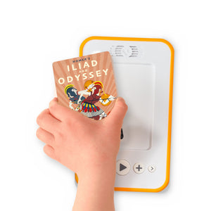 A hand holding the audiobook card for Homer's Iliad and the Odyssey: Two of the Greatest Stories Ever Told beside a Voxblock audiobook player