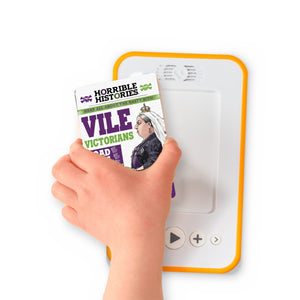 A hand holding the audiobook card for Horrible Histories: Vile Victorians beside a Voxblock audiobook player