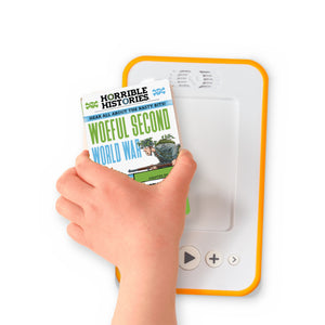 A hand holding the audiobook card for Horrible Histories: Woeful Second World War beside a Voxblock audiobook player