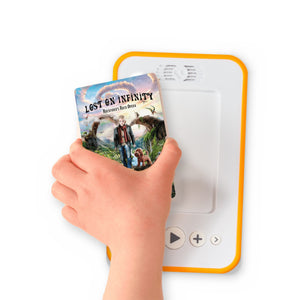 A hand holding the audiobook card for Lost on Infinity beside a Voxblock audiobook player