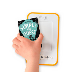 A hand holding the audiobook card for Simply The Quest beside a Voxblock audiobook player