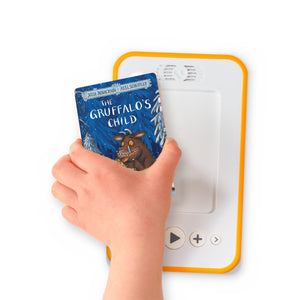 A hand holding the audiobook card for The Gruffalo's Child beside a Voxblock audiobook player