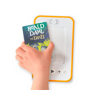 A hand holding the audiobook card for The Twits beside a Voxblock audiobook player
