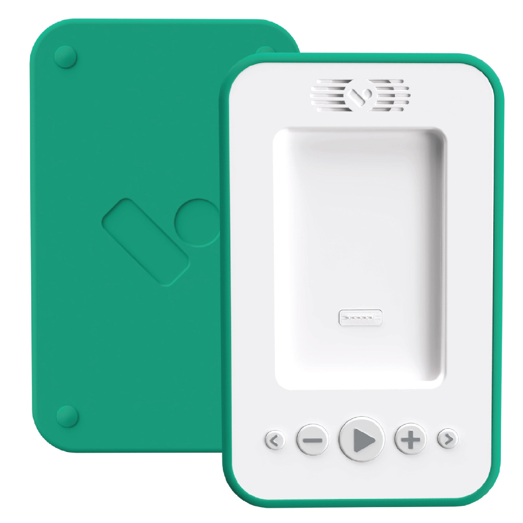 front and back view of the screen-free audiobook player and green bumper from Voxblock
