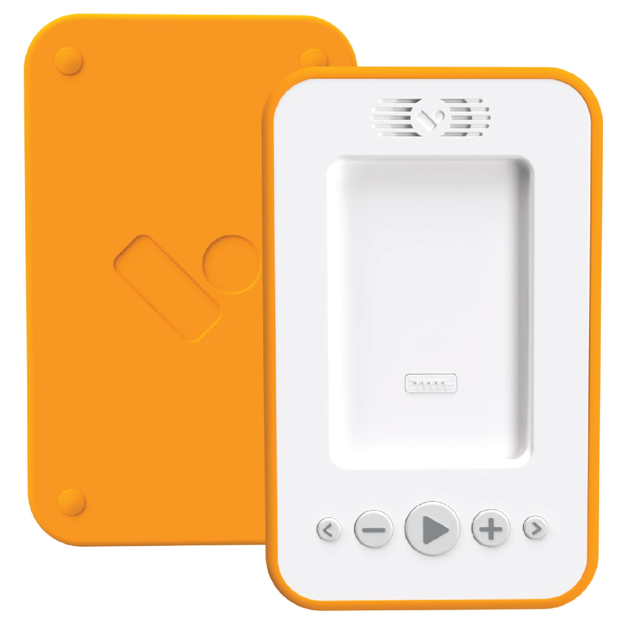 front and back view of the screen-free audiobook player with an orange bumper from Voxblock