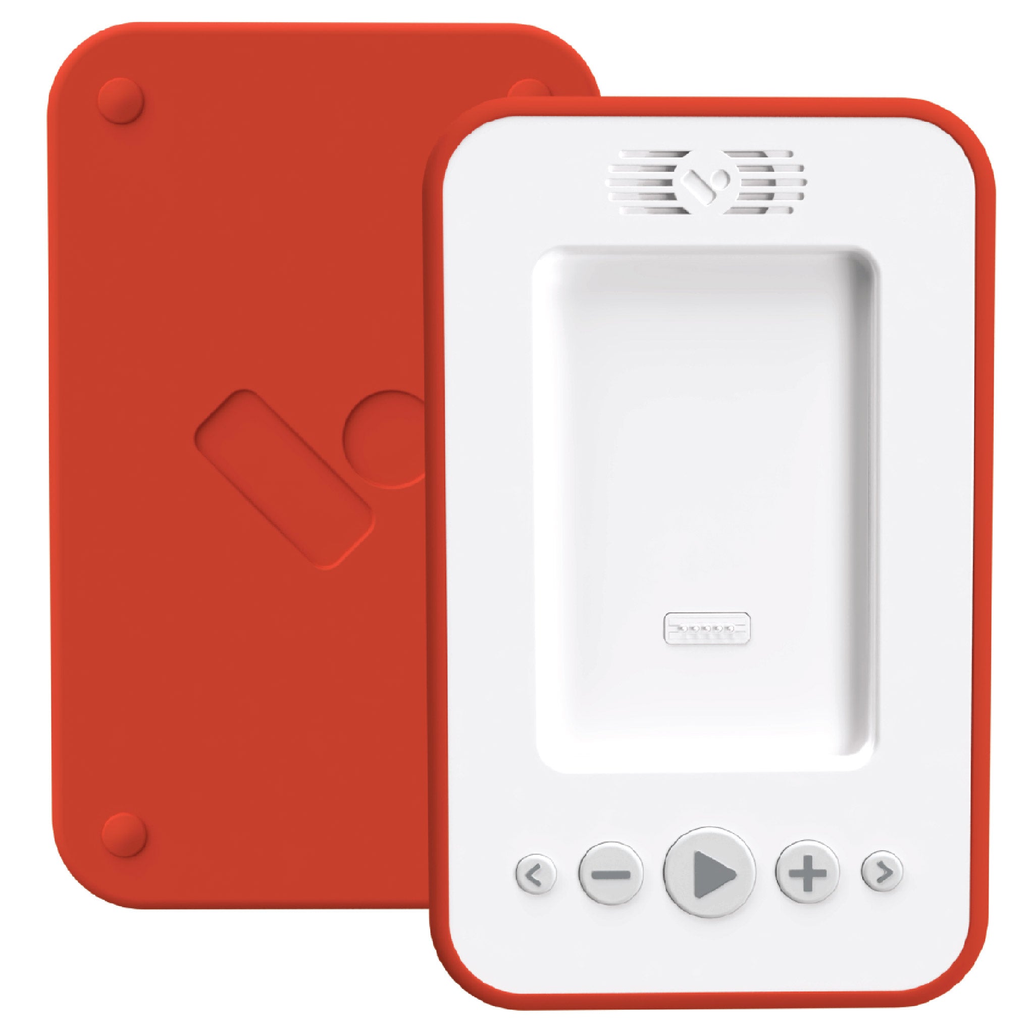 front and back view of the screen-free audiobook player with a red bumper from Voxblock
