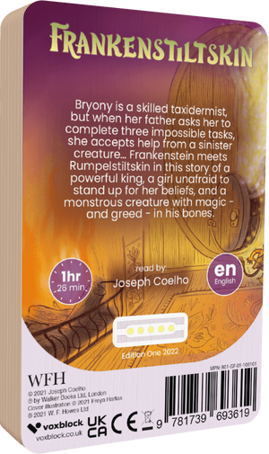 Frankenstiltskin audiobook back cover.