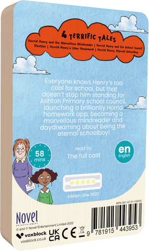 Horrid Henrys Super School Stories audiobook back cover.