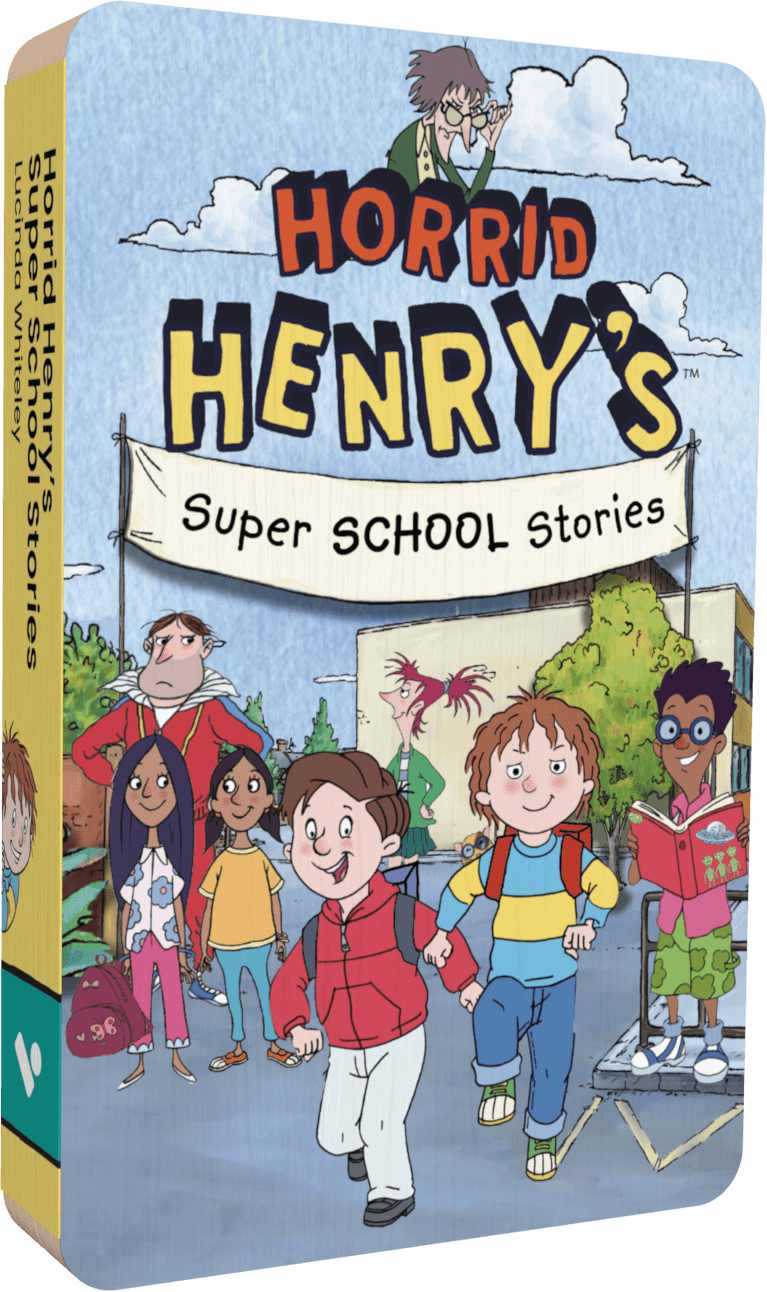 Front view of Horrid Henry's Super School Stories Voxblock, a physical audiobook made of layers of card, about the size of a cassette. Cover art shows Henry and his friends wearing school backpacks, in front of the school building.