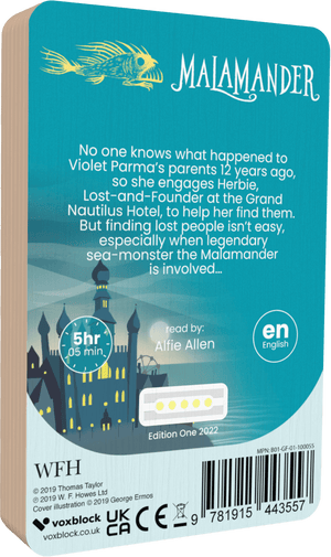 Malamander audiobook back cover.