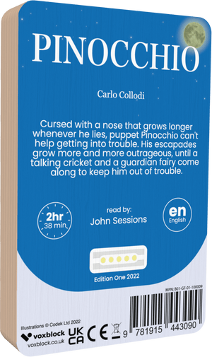 Pinocchio audiobook back cover.