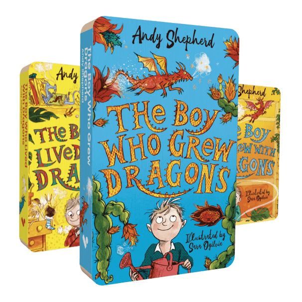 This image shows the front covers of the three audiobooks included in Voxblock's The Boy Who Grew Dragons Bundle. In front is The Boy Who Grew Dragons, and behind it are The Boy Who Lived With Dragons, and the Boy Who Flew With Dragons.