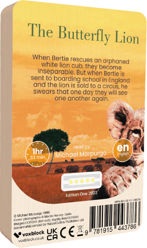 The Butterfly Lion audiobook back cover.