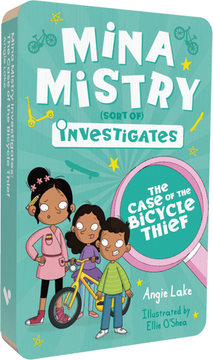 Front view of ‘The Case of the Bicycle Thief’ Voxblock, a physical audiobook made of layers of card, about the size of a cassette. Cover art shows two girls and a boy, with a yellow bike.