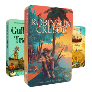 An image displaying the front covers of three audiobooks. In the front is Robinson Crusoe, and behind it are Gulliver's Travels and Treasure Island.