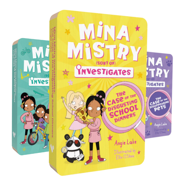 This image includes the front covers of the three audiobooks in Voxblock's Mina Mistry Investigates Audiobook Bundle. In the front is Mina Mistry Investigates the Case of the Disgusting School Dinners. Behind it is Mina Mistry Investigates the Case of the Bicycle Thief, and Mina Mistry Investigates the Case of the Disappearing Pets.